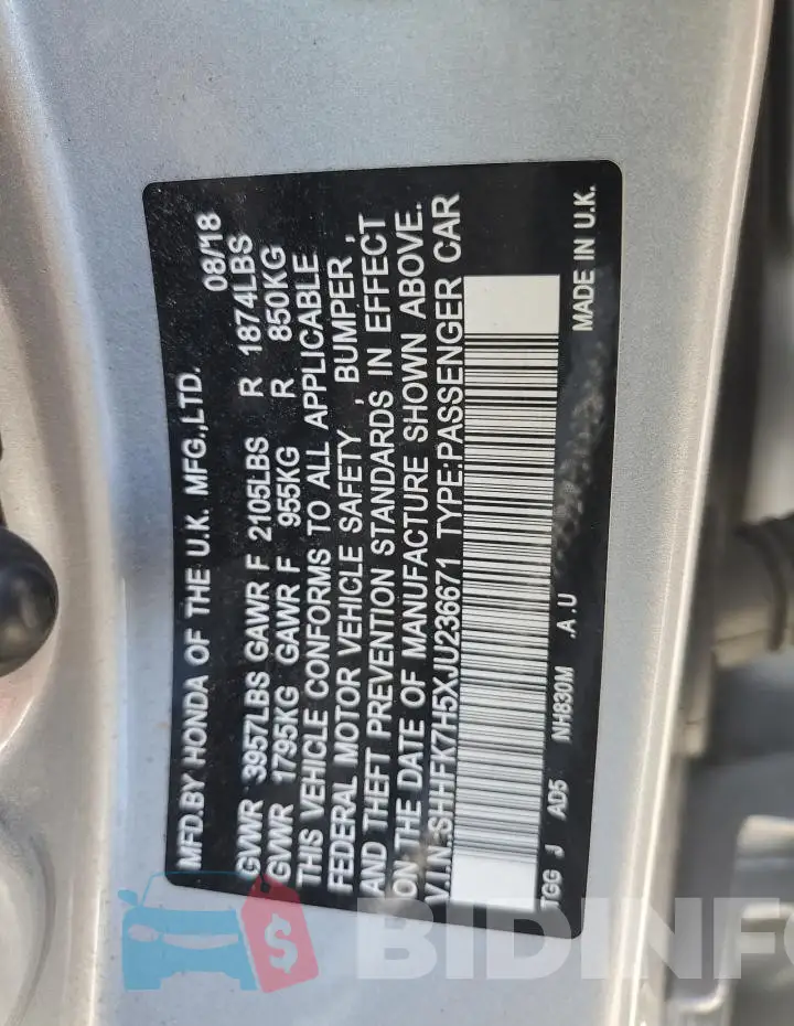 SHHFK7H5XJU236671 Photo# 13