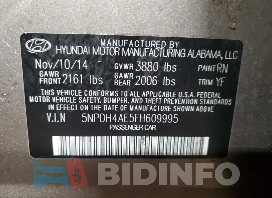 5NPDH4AE5FH609995 Photo# 12