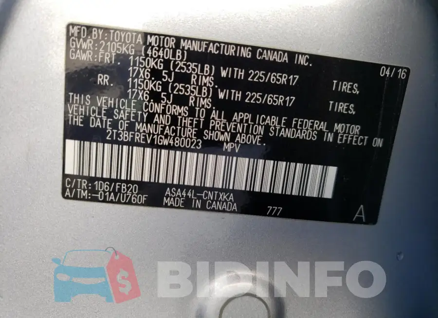 2T3BFREV1GW480023 Photo# 14
