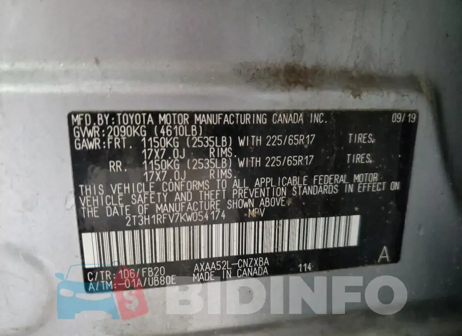 2T3H1RFV7KW054174 Photo# 13