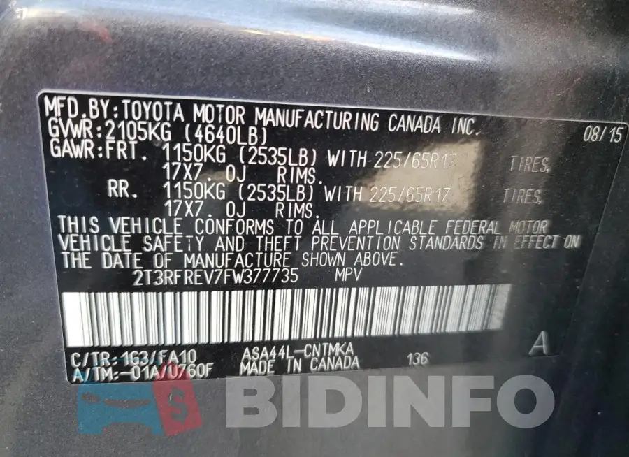 2T3RFREV7FW377735 Photo# 13