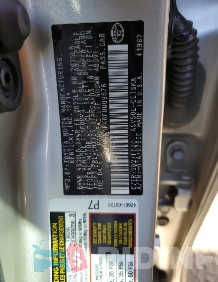 4T1BF1FK8FU009676 Photo# 12