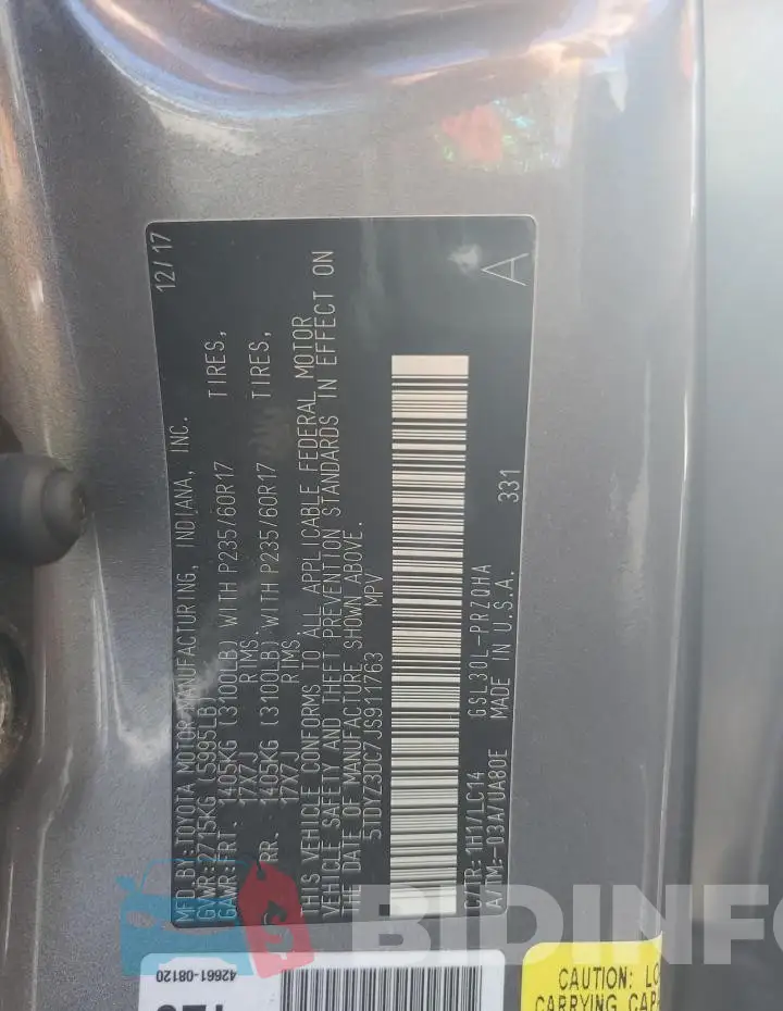5TDYZ3DC7JS911763 Photo# 13