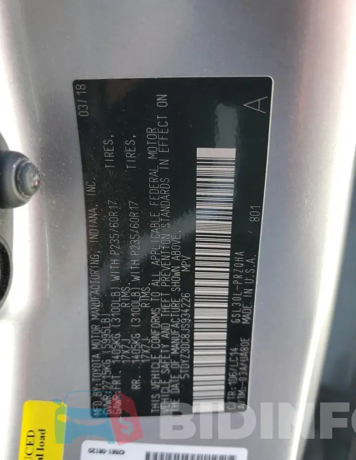 5TDYZ3DC8JS934226 Photo# 13