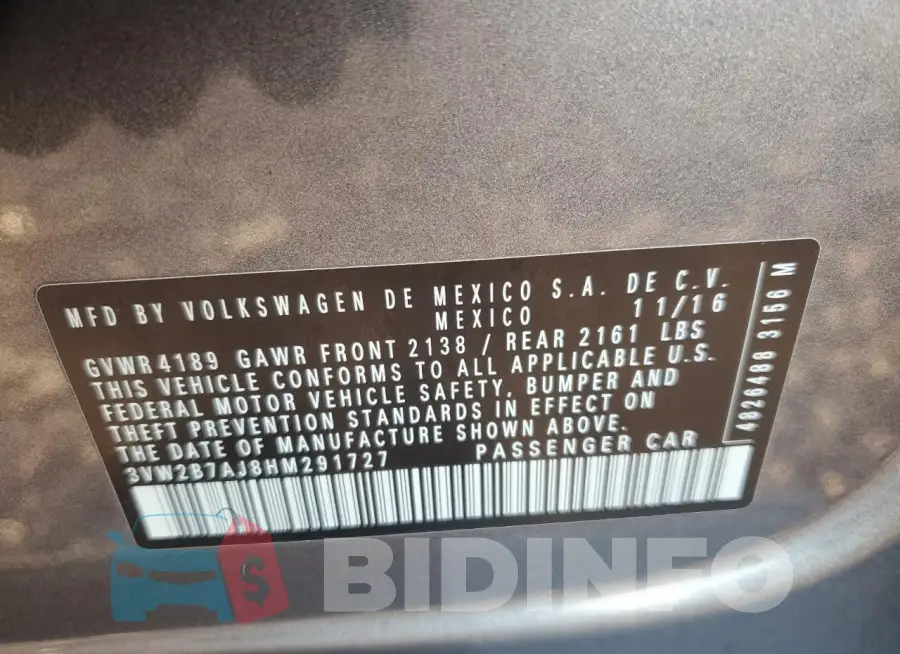 3VW2B7AJ8HM291727 Photo# 12