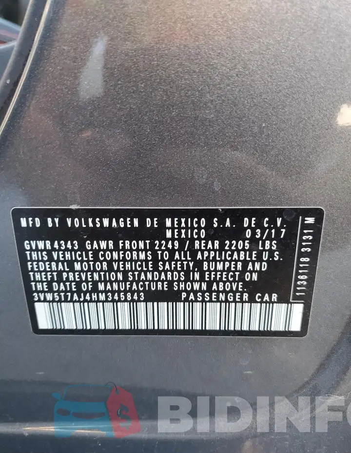 3VW5T7AJ4HM345843 Photo# 12