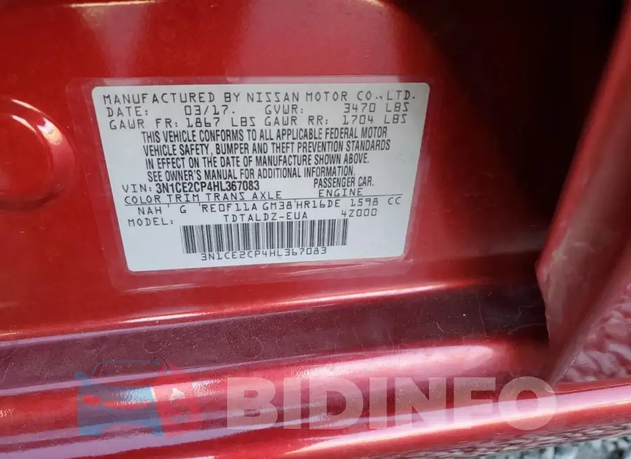 3N1CE2CP4HL367083 Photo# 13