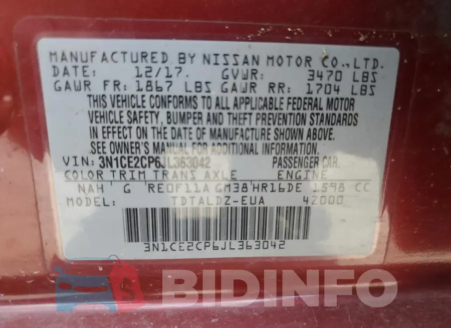 3N1CE2CP6JL363042 Photo# 12
