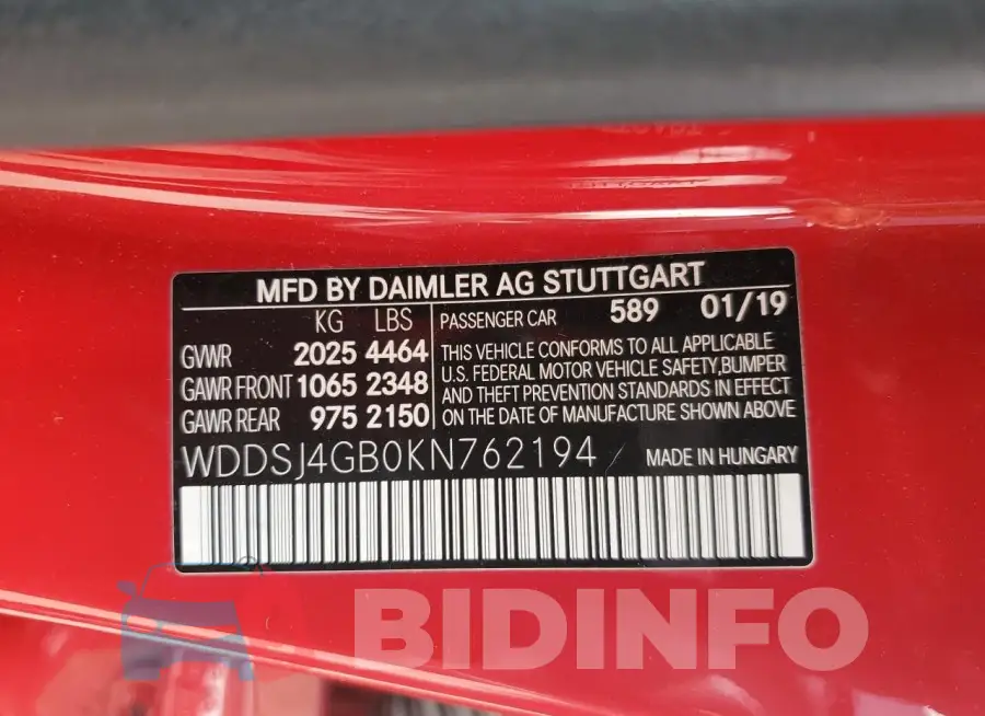 WDDSJ4GB0KN762194 Photo# 12