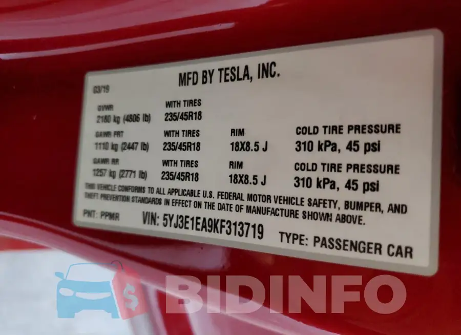 5YJ3E1EA9KF313719 Photo# 12