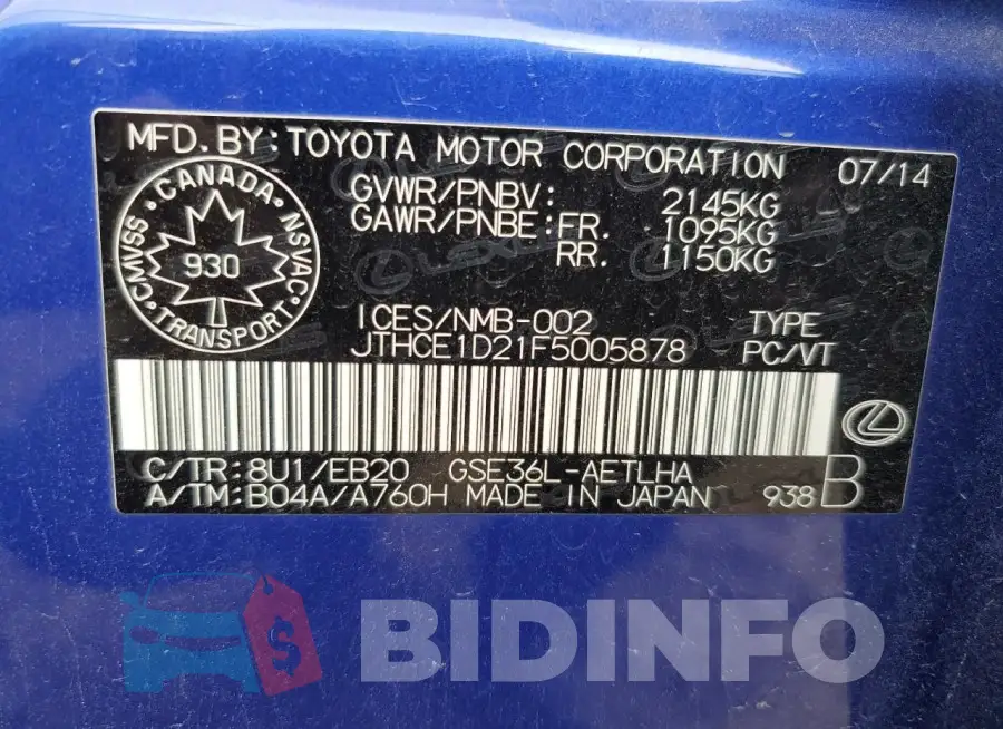 JTHCE1D21F5005878 Photo# 12