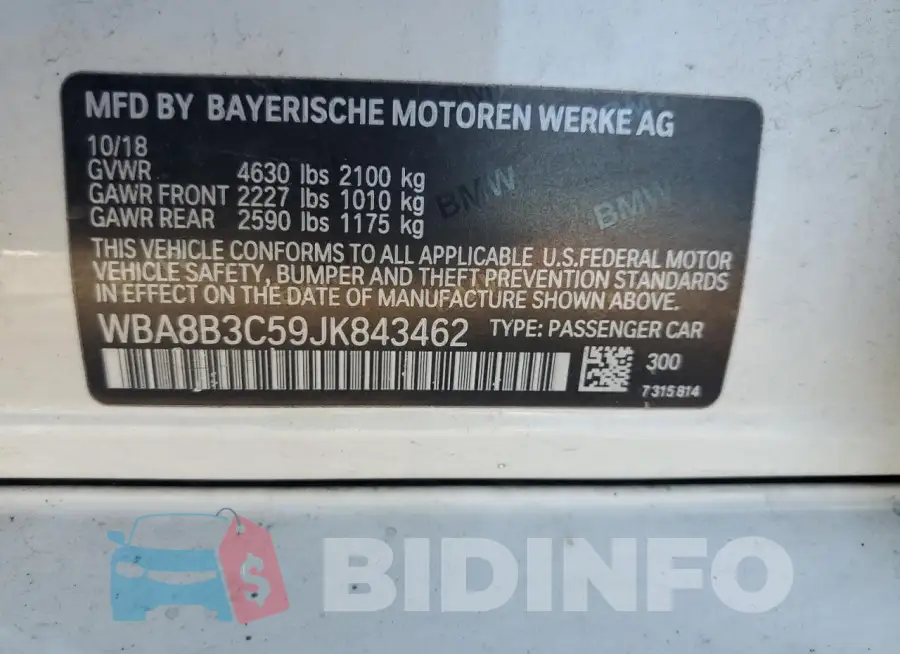 WBA8B3C59JK843462 Photo# 12