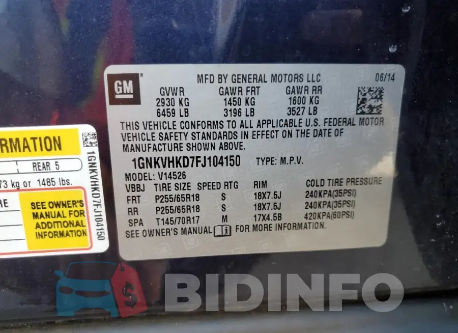 1GNKVHKD7FJ104150 Photo# 13