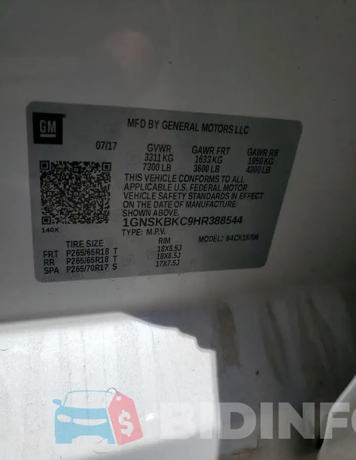 1GNSKBKC9HR388544 Photo# 14