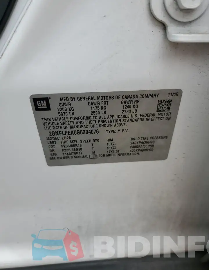 2GNFLFEK0G6204076 Photo# 13