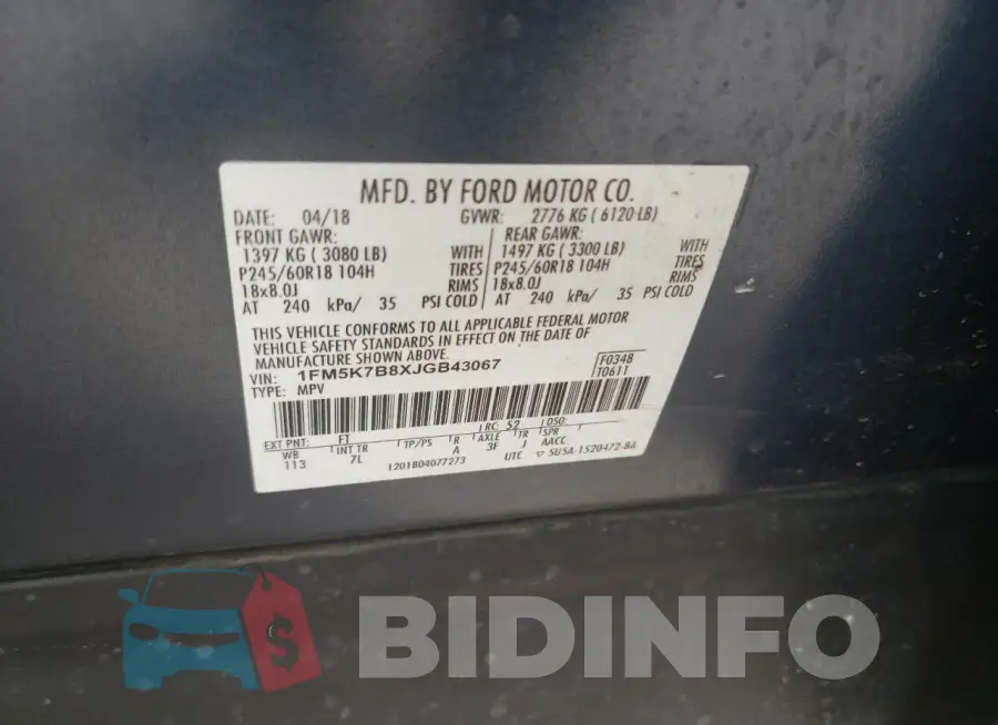 1FM5K7B8XJGB43067 Photo# 14
