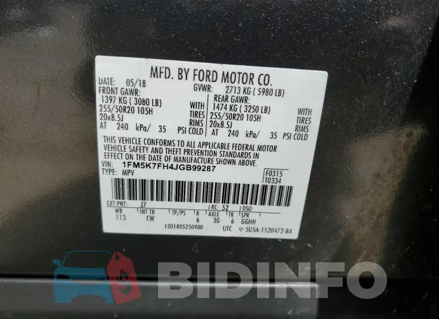1FM5K7FH4JGB99287 Photo# 14