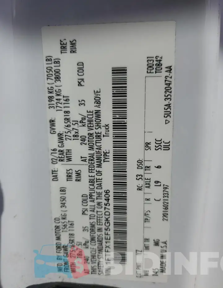1FTFX1EF5GKD75406 Photo# 12