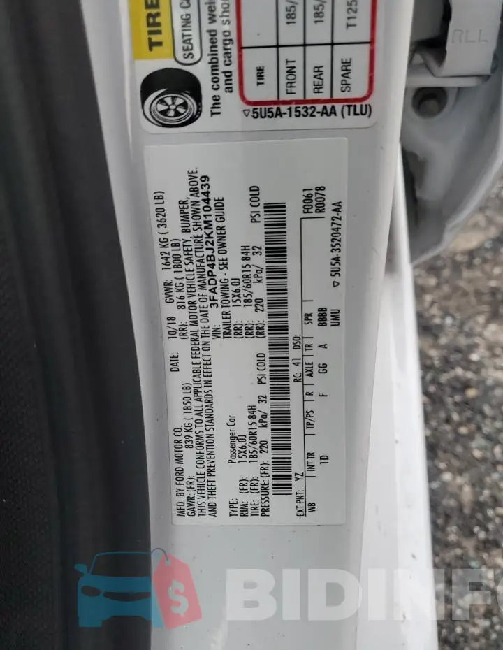 3FADP4BJ2KM104439 Photo# 12