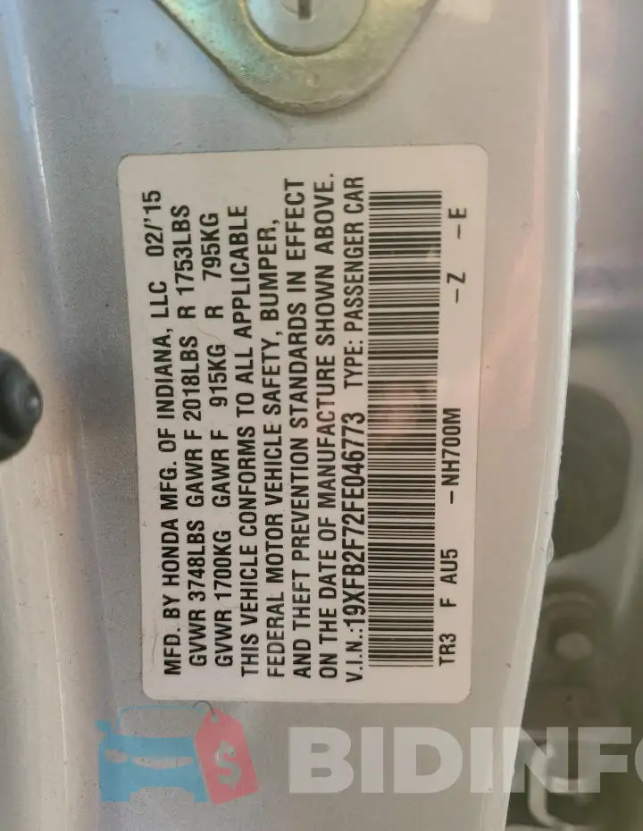 19XFB2F72FE046773 Photo# 12