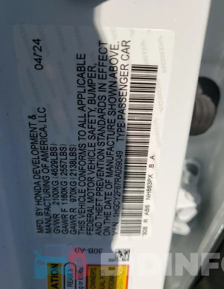 1HGCY2F67RA059049 Photo# 12