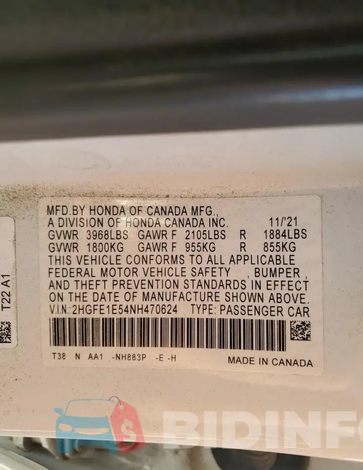 2HGFE1E54NH470624 Photo# 12