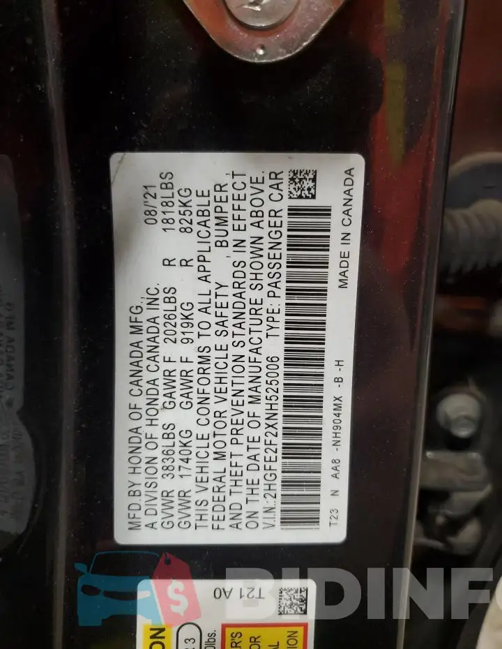 2HGFE2F2XNH525006 Photo# 12