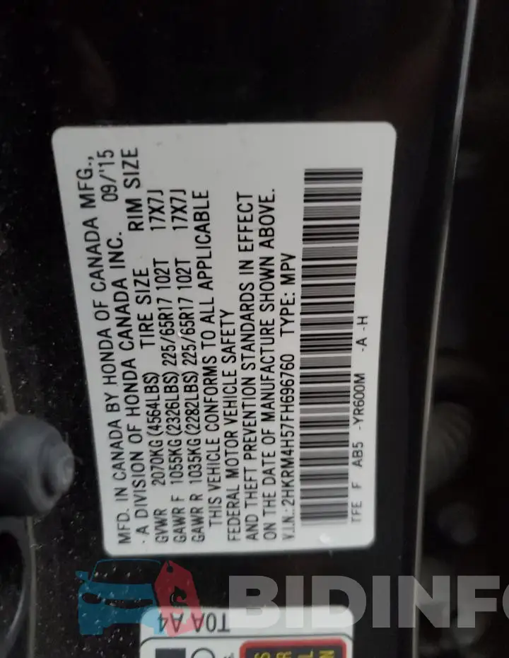 2HKRM4H57FH696760 Photo# 13