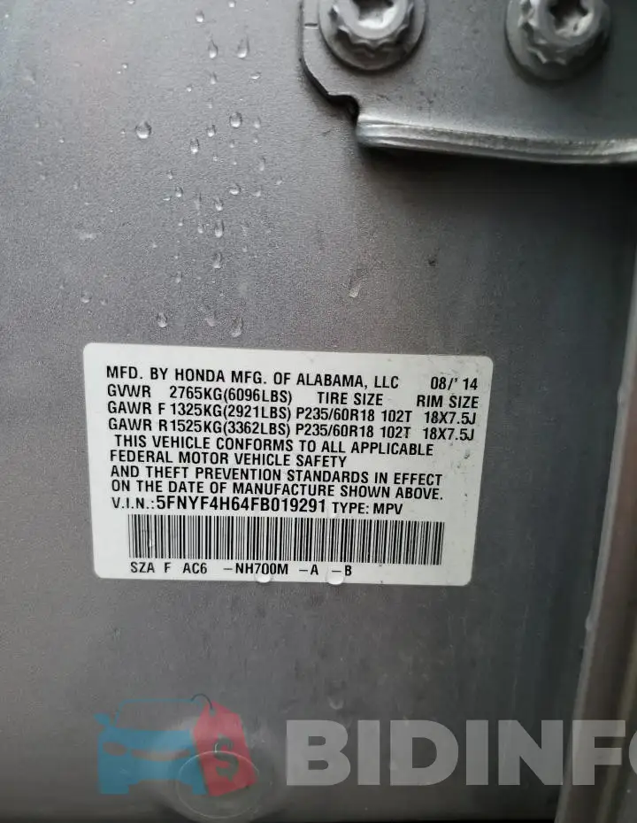 5FNYF4H64FB019291 Photo# 14