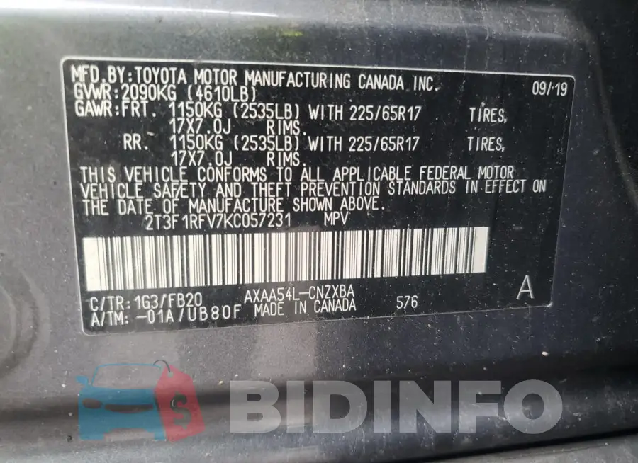 2T3F1RFV7KC057231 Photo# 13