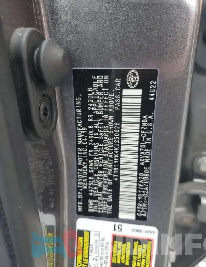 4T1B11HK4KU250026 Photo# 12