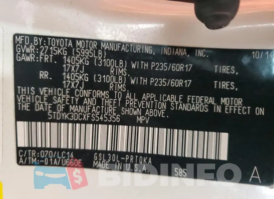 5TDYK3DCXFS545356 Photo# 14