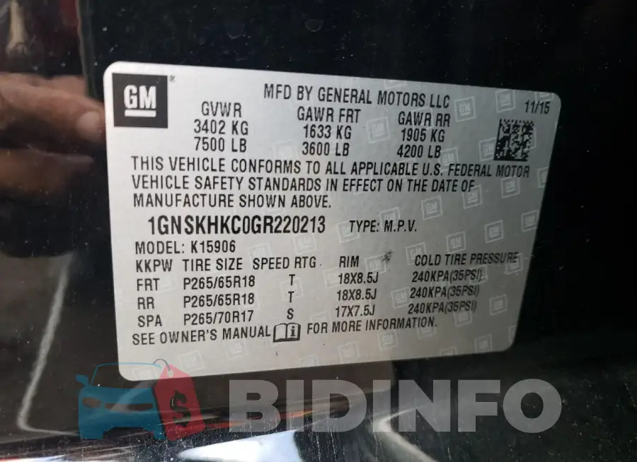 1GNSKHKC0GR220213 Photo# 13