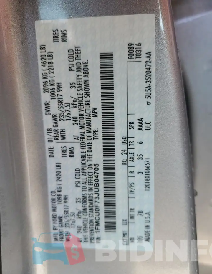1FMCU0F73JUB04705 Photo# 14