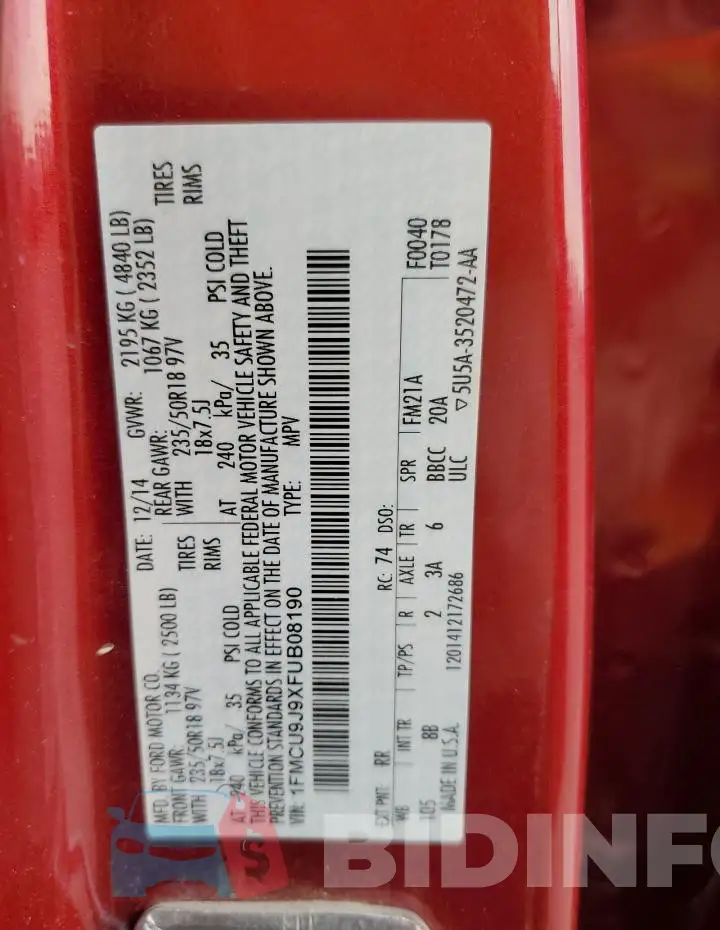 1FMCU9J9XFUB08190 Photo# 14