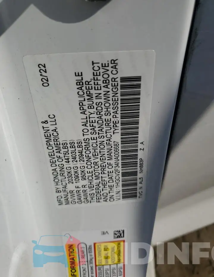 1HGCV2F34NA006687 Photo# 12