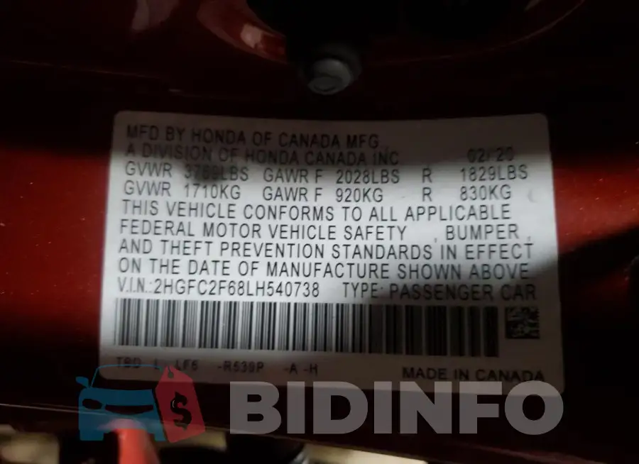 2HGFC2F68LH540738 Photo# 13
