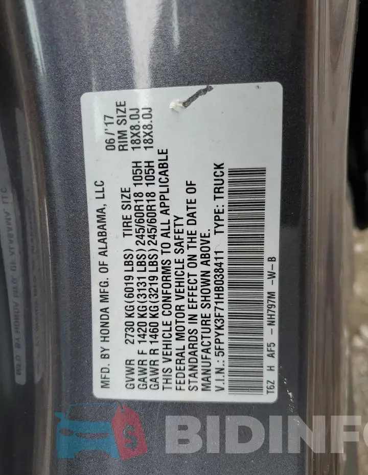5FPYK3F71HB038411 Photo# 12