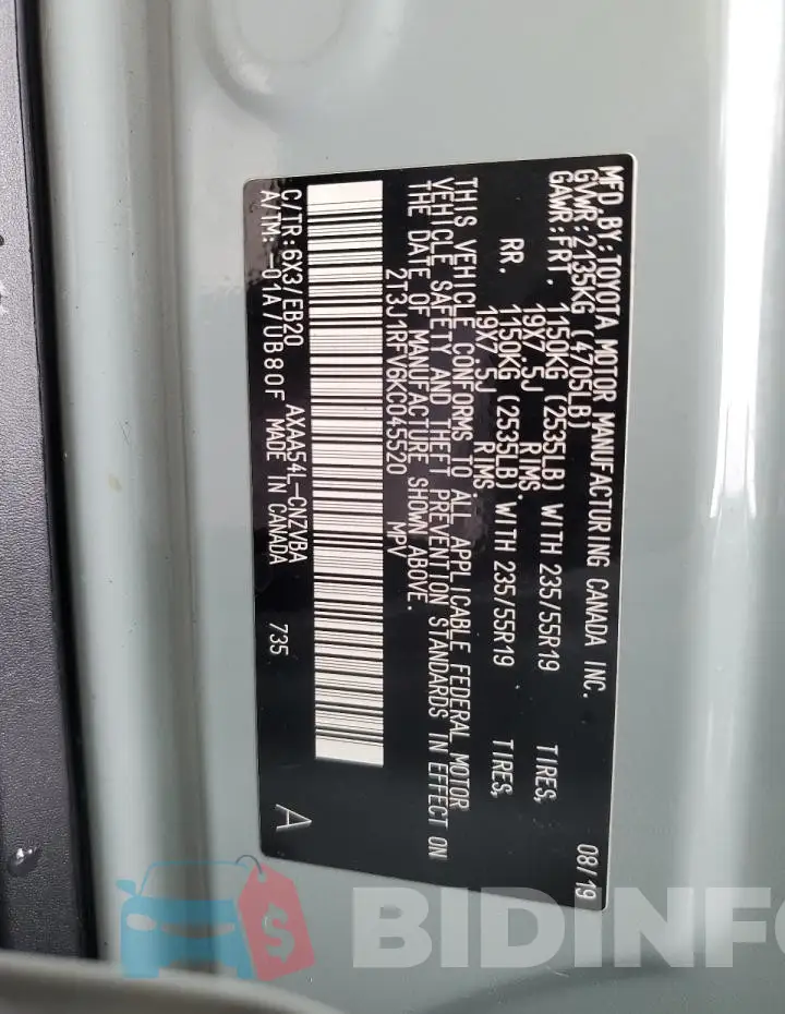 2T3J1RFV6KC045520 Photo# 13
