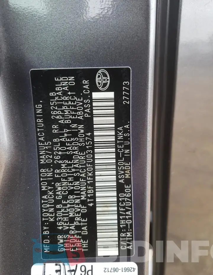 4T1BF1FK0FU031574 Photo# 12