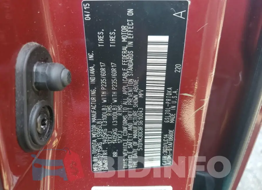 5TDYK3DC8FS610043 Photo# 13