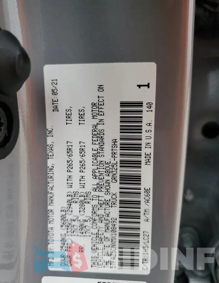 5TFAZ5CNXMX108492 Photo# 13