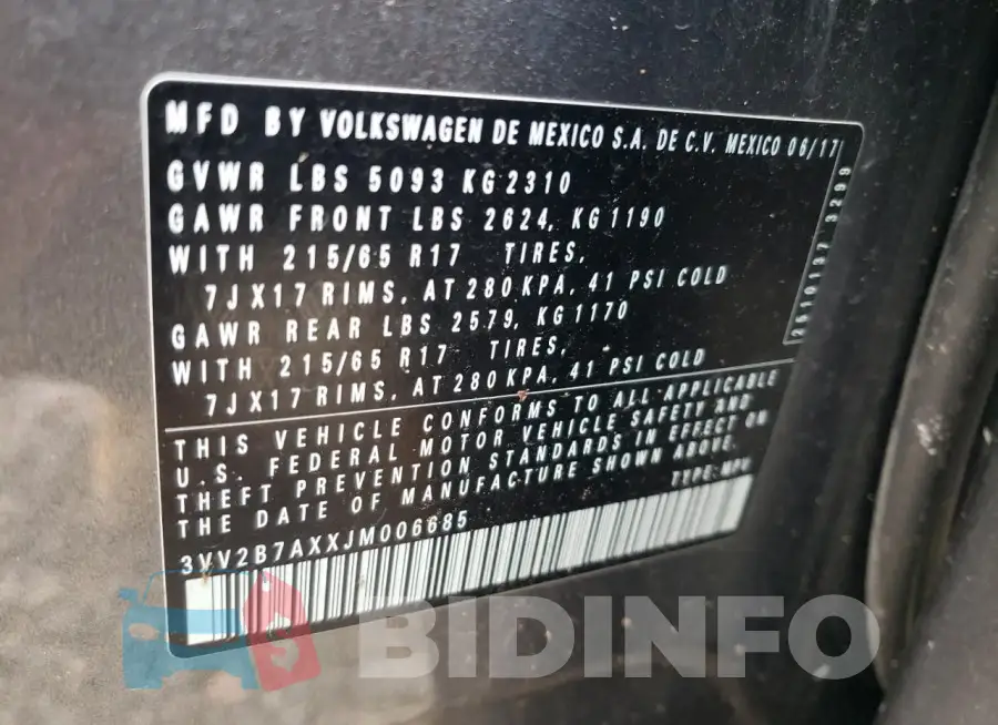 3VV2B7AXXJM006685 Photo# 14