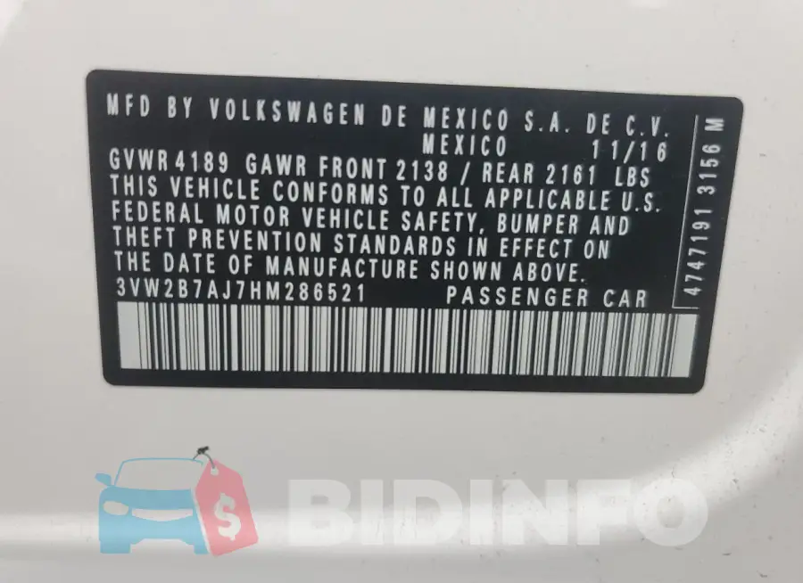 3VW2B7AJ7HM286521 Photo# 12