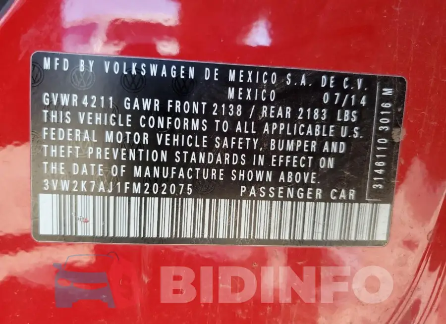 3VW2K7AJ1FM202075 Photo# 12