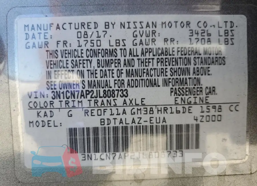 3N1CN7AP2JL808733 Photo# 12