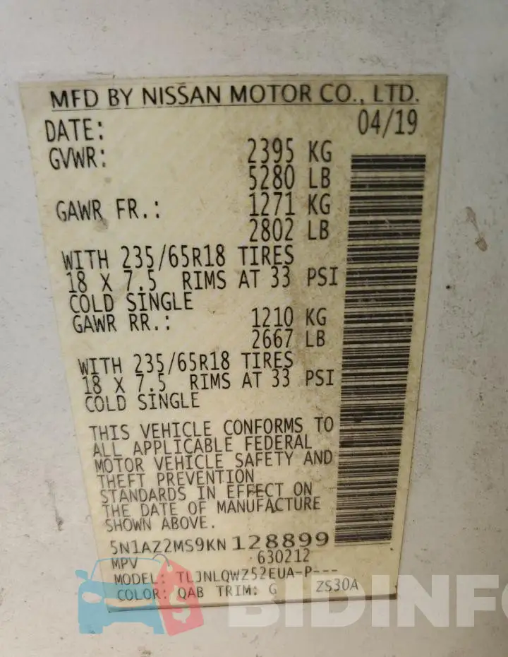 5N1AZ2MS9KN128899 Photo# 13