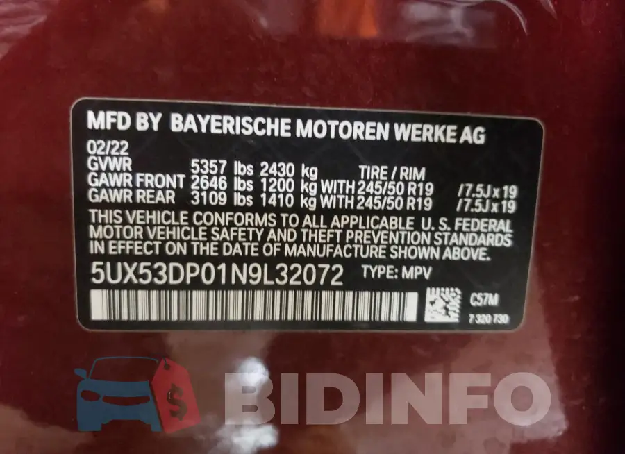 5UX53DP01N9L32072 Photo# 12