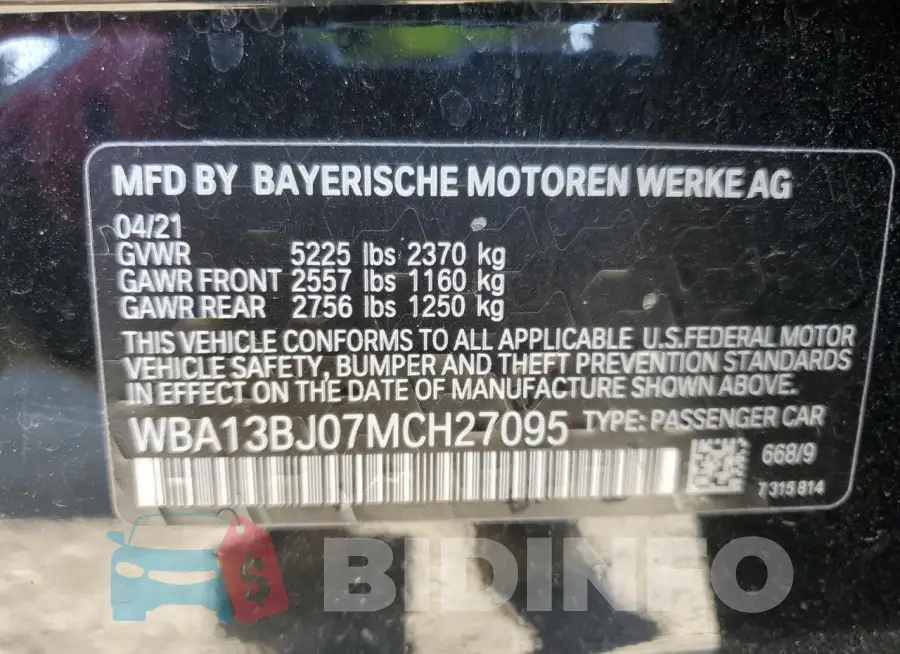 WBA13BJ07MCH27095 Photo# 12