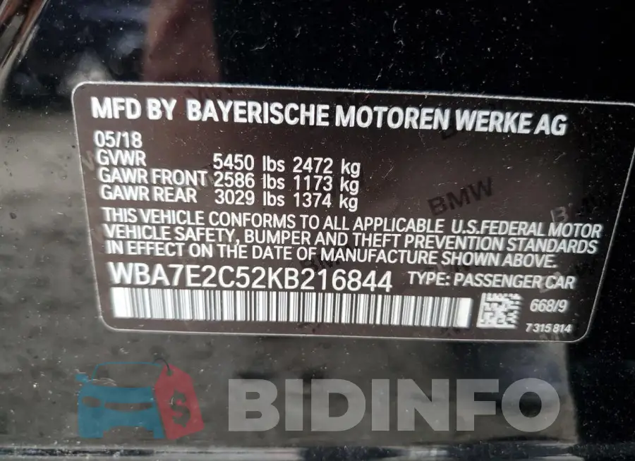 WBA7E2C52KB216844 Photo# 12